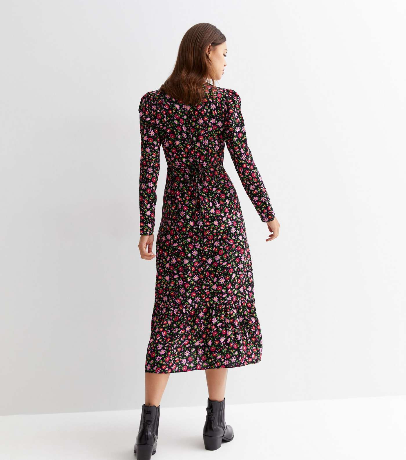 Black Ditsy Floral Long Sleeve Ruched Midi Dress Image 4