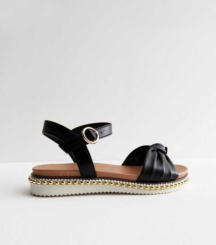 Wide Fit Black Leather-Look Beaded Footbed Sandals | New Look