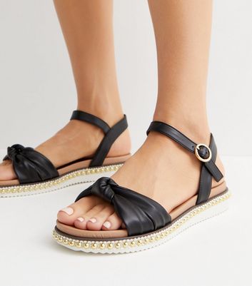 Wide Fit Pale Pink Leather-Look Beaded Footbed Sandals