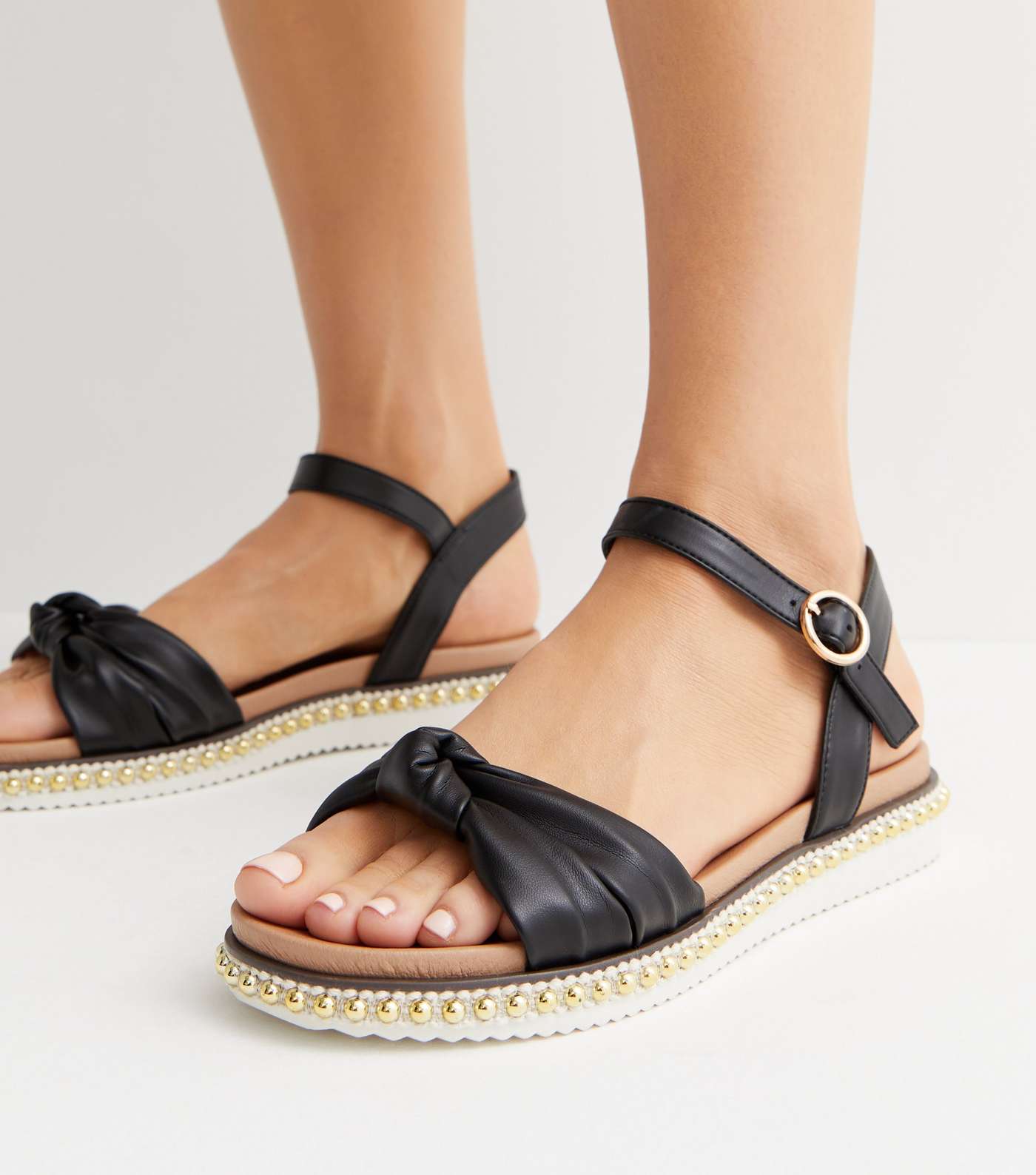 Wide Fit Black Leather-Look Beaded Footbed Sandals Image 2