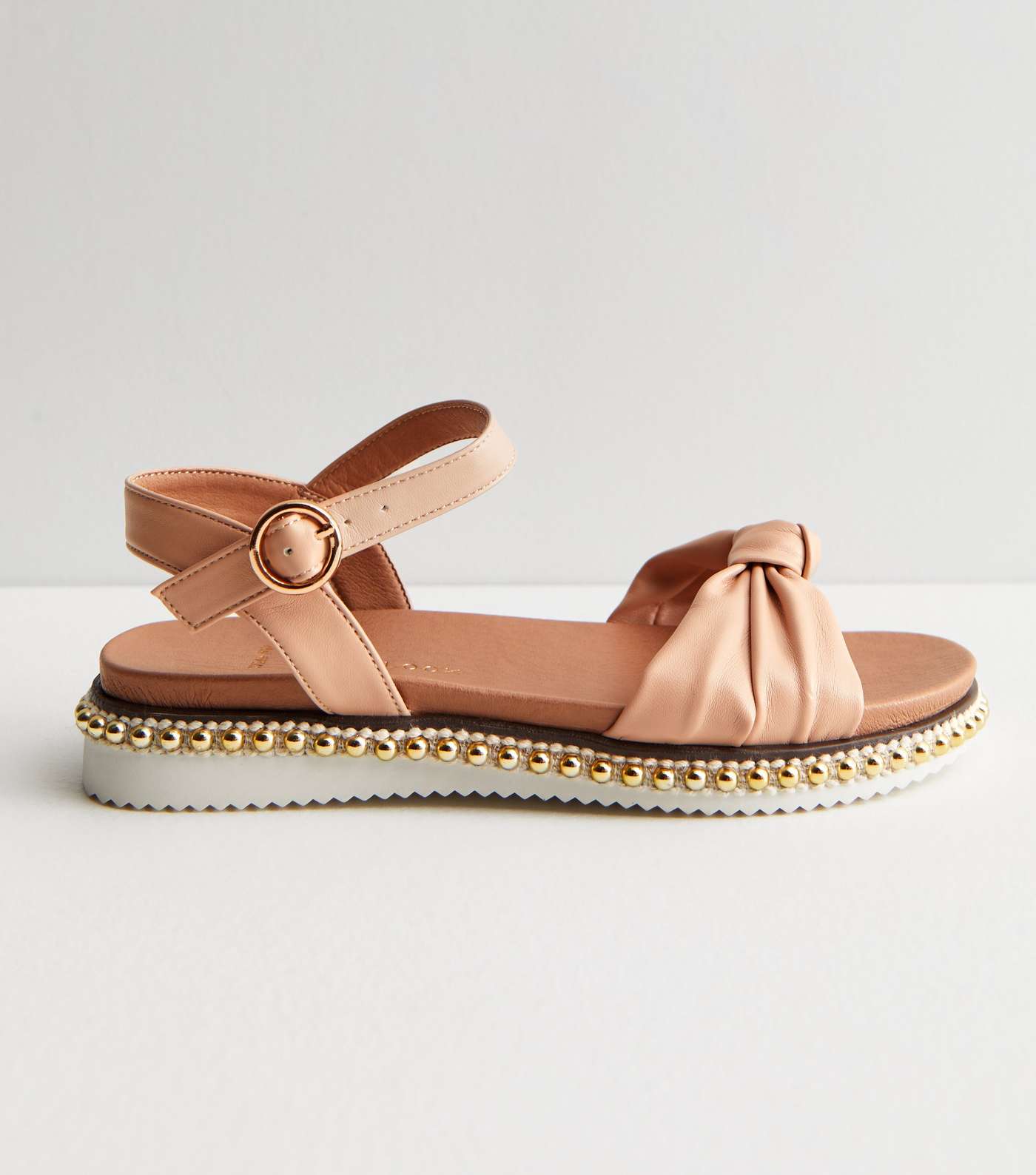 Wide Fit Pale Pink Leather-Look Beaded Footbed Sandals