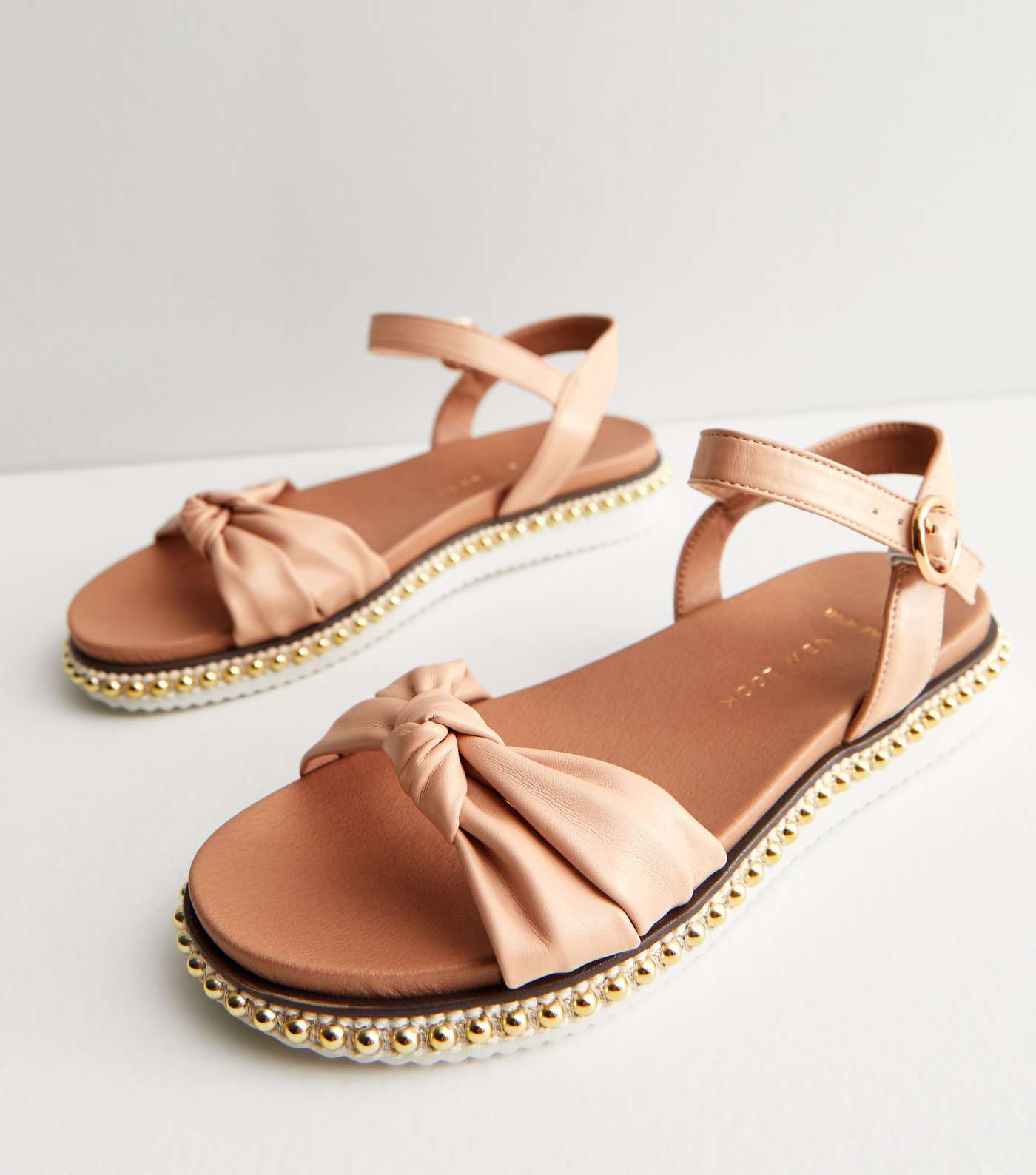 Wide Fit Pale Pink Leather-Look Beaded Footbed Sandals Image 3