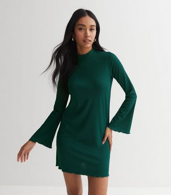 Dark Green Ribbed Long Flared Sleeve Frill Hem Mini Dress | New Look