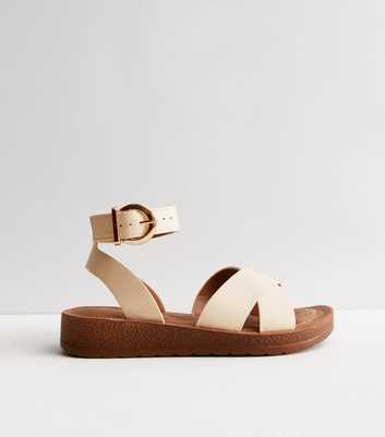 Wide Fit Off White Leather-Look Cross Strap Buckle Sandals