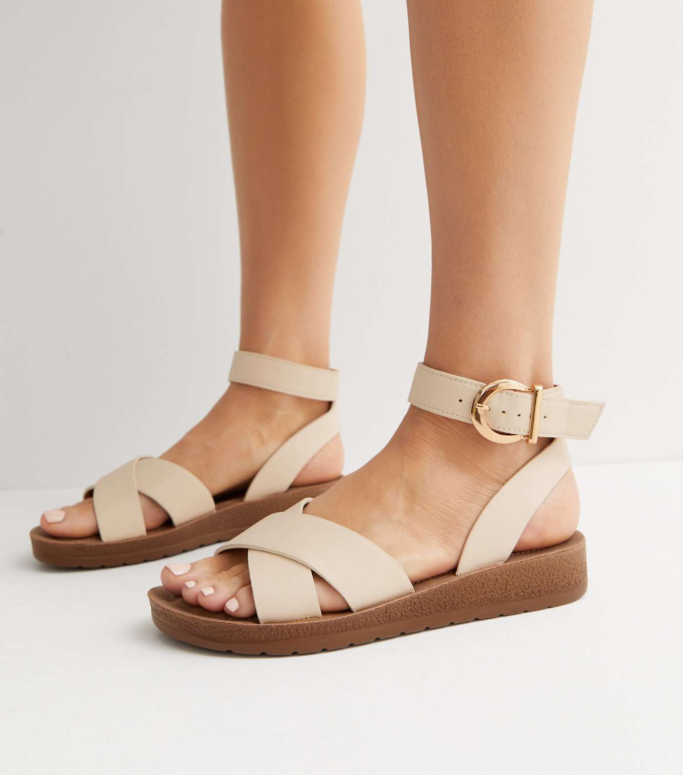 Wide Fit Off White Leather-Look Cross Strap Buckle Sandals Image 2