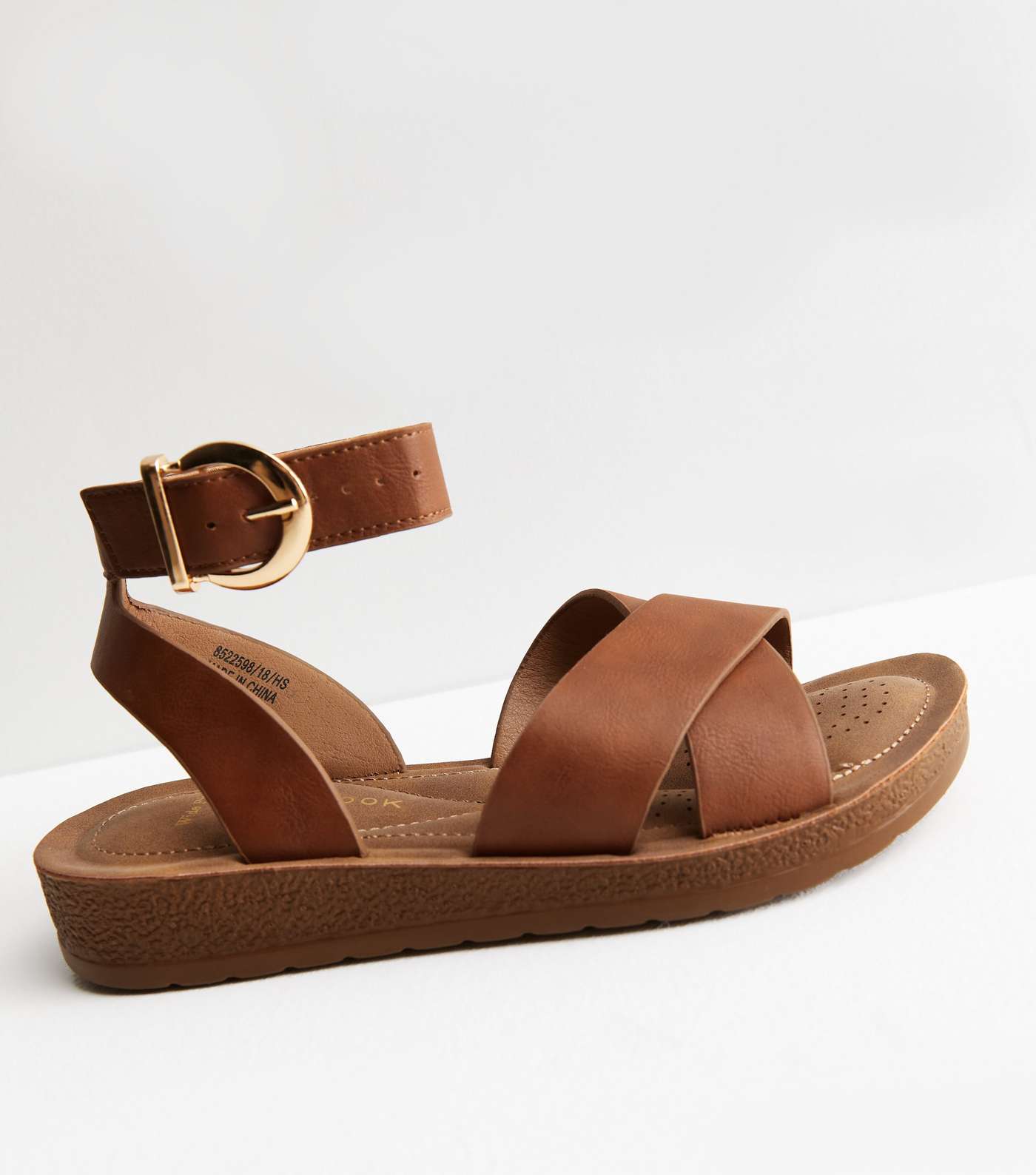 Wide Fit Tan Leather-Look Cross Strap Footbed Sandals Image 3