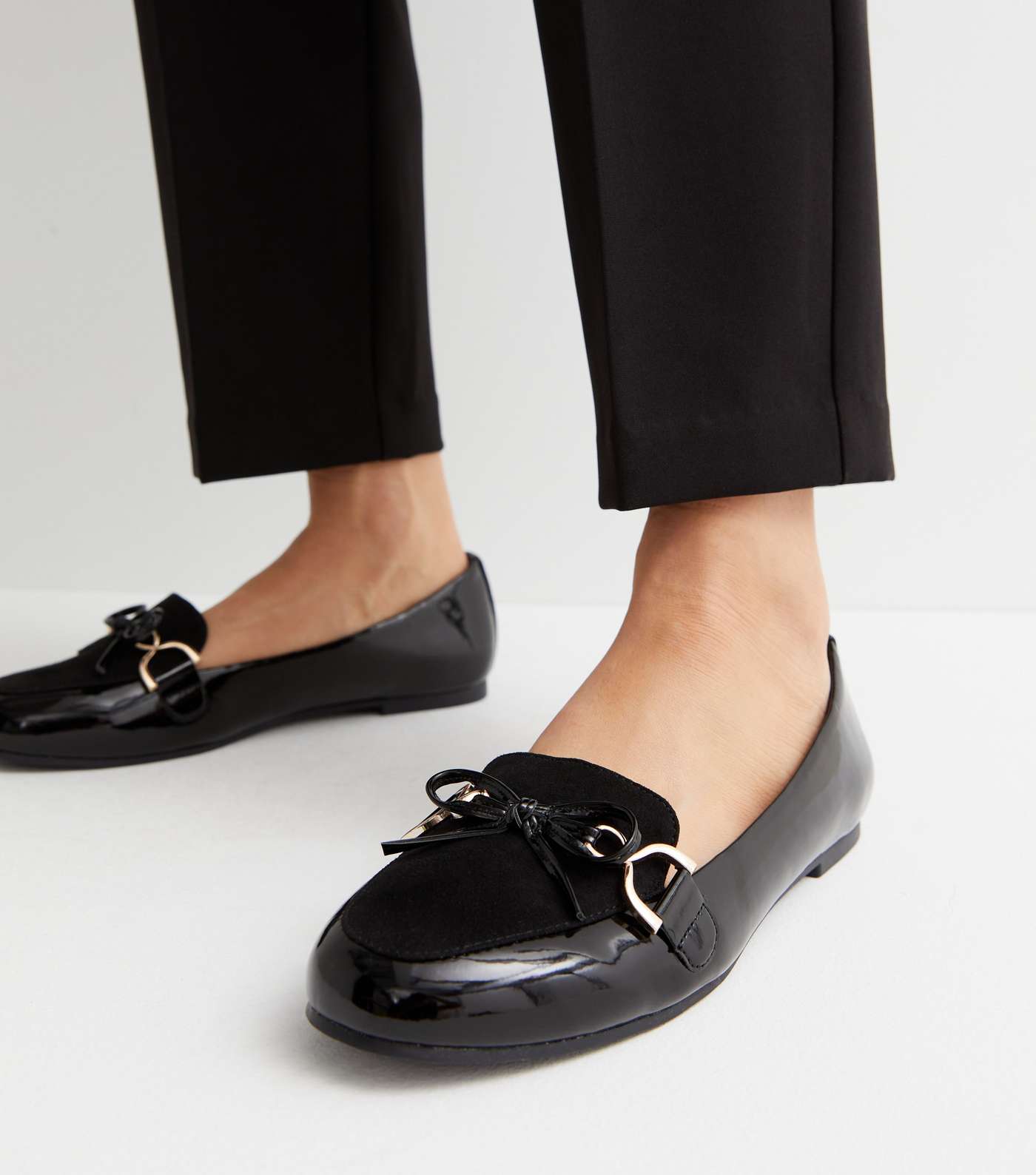 Wide Fit Black Patent Suedette Bow Loafers Image 2