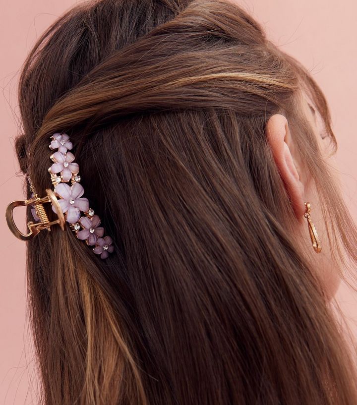 Pink Metal Diamanté Flower Bulldog Hair Clip | New Look