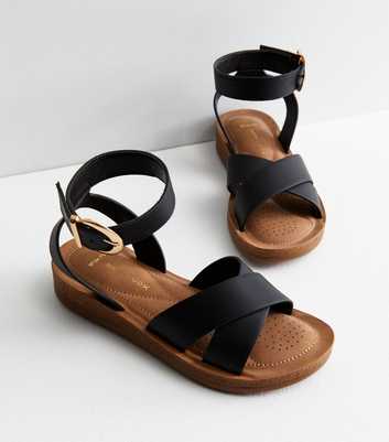 Wide Fit Black Leather-Look Cross Strap Footbed Sandals
