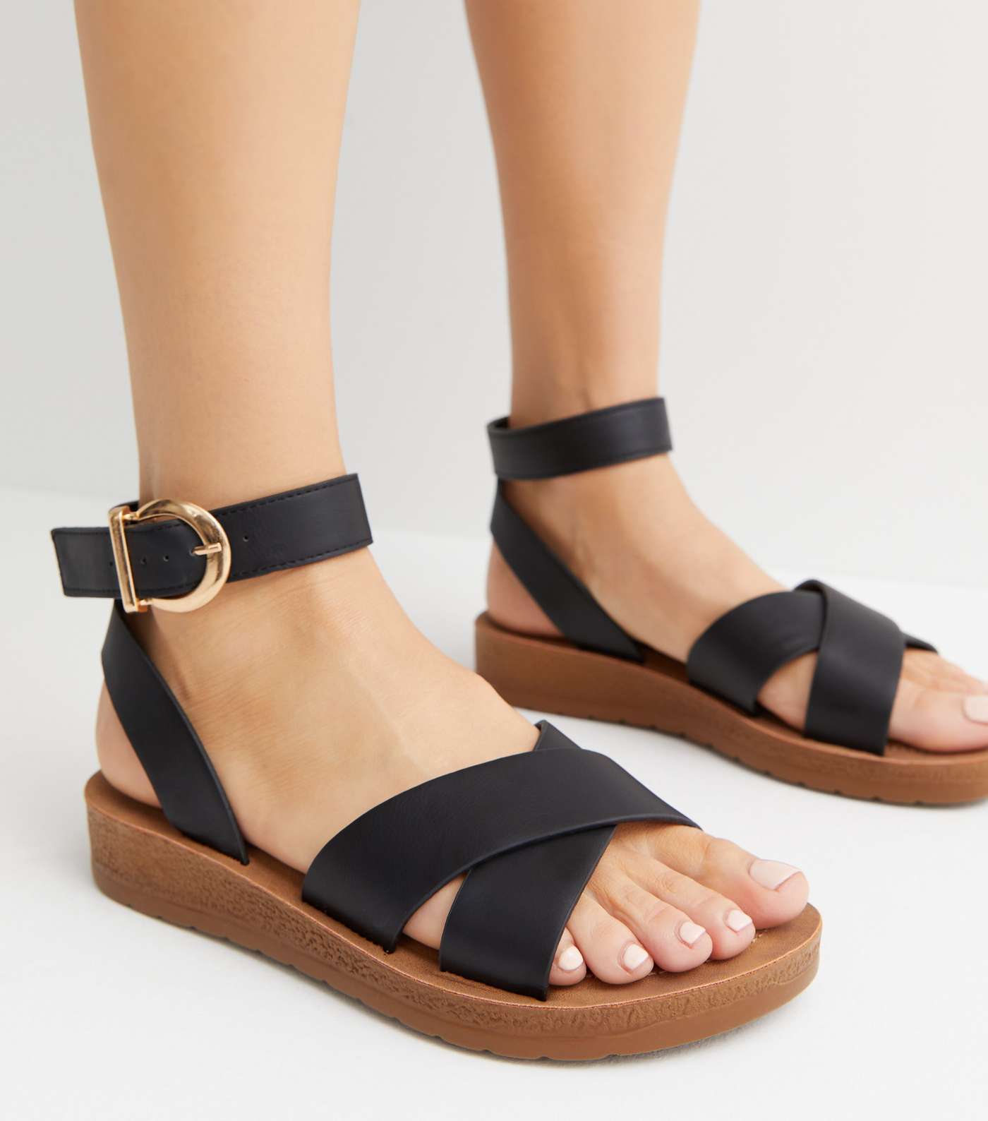 Wide Fit Black Leather-Look Cross Strap Footbed Sandals Image 2