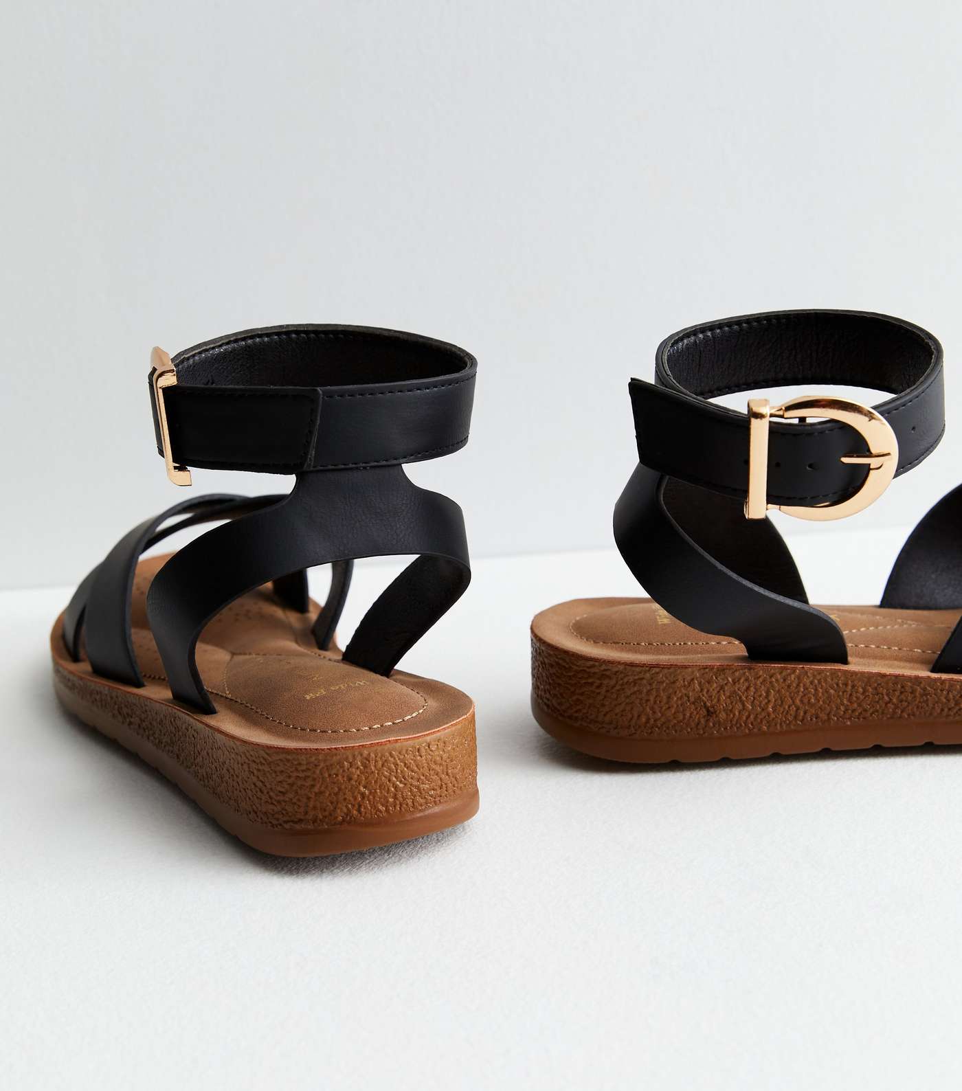 Wide Fit Black Leather-Look Cross Strap Footbed Sandals Image 4