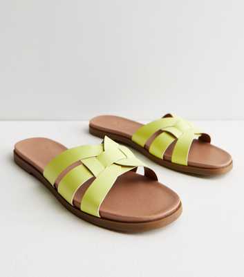 Wide Fit Green Leather-Look Cross Strap Sliders