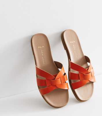Wide Fit Bright Orange Leather-Look Cross Strap Sliders