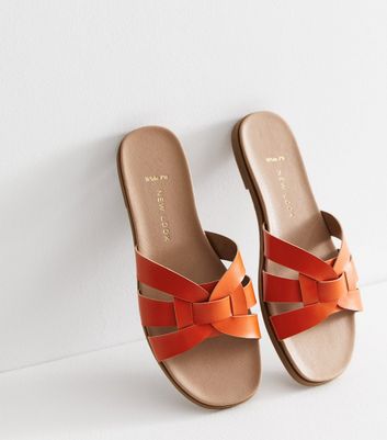 Wide Fit Bright Orange Cross Strap Sliders New Look