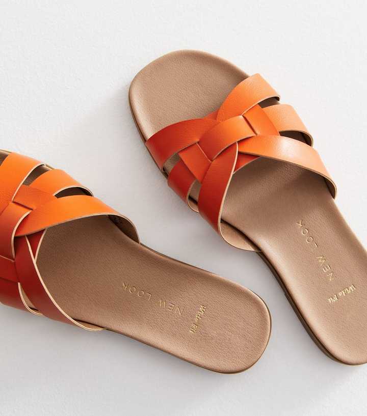 Wide Fit Bright Orange Cross Strap Sliders New Look