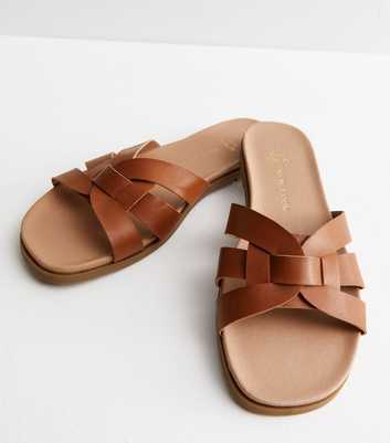 Extra Wide Fit Tan Leather-Look Cross Footbed Mule Sliders