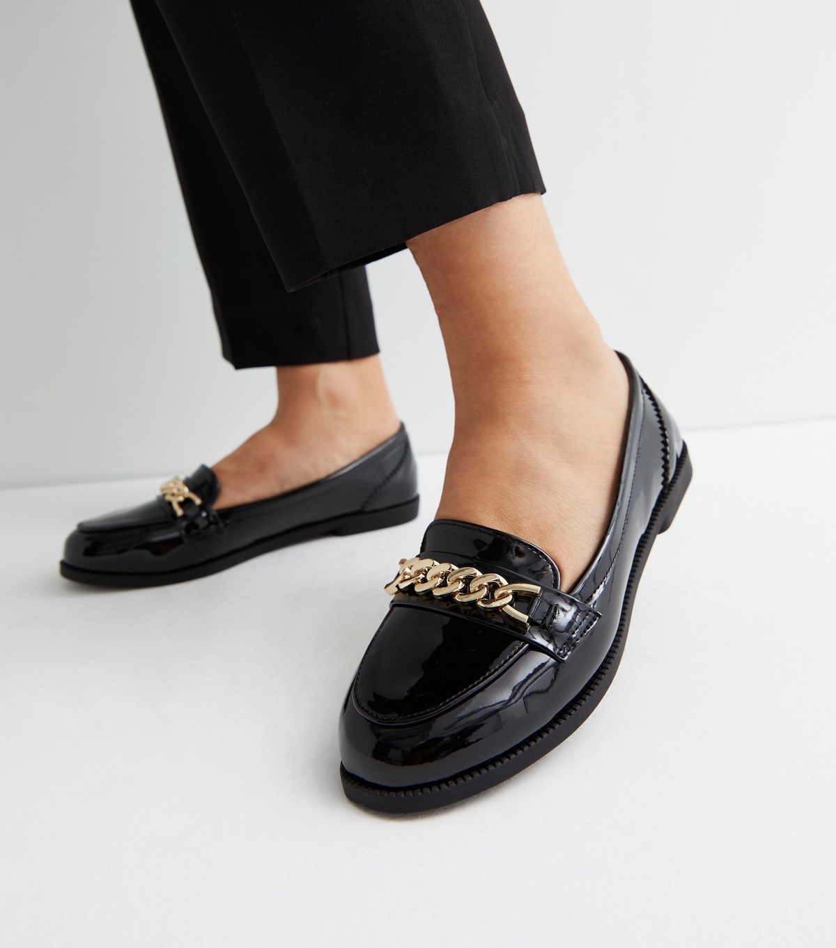 Women's Wide Fit Black Patent Chain Loafers Vegan New Look