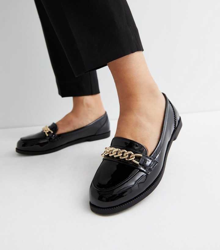 Wide Fit Next Womens Loafers Wide Fit Black Patent Chain Loafers