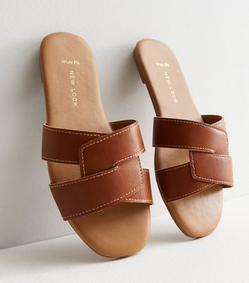 Wide Fit Tan Leather Look Stitch Sliders New Look