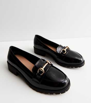Wide Fit Black Patent Metal Trim Chunky Loafers