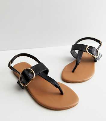 Wide Fit Black Leather-Look Buckle Toe Post Sandals
