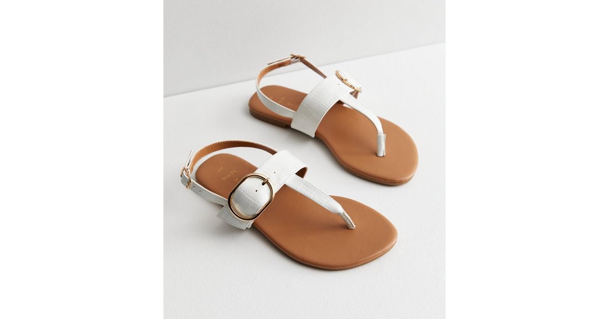 Wide Fit White Leather-Look Buckle Toe Post Sandals