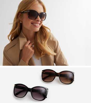 2 Pack Black and Brown Metal Trim Oversized Frame Sunglasses