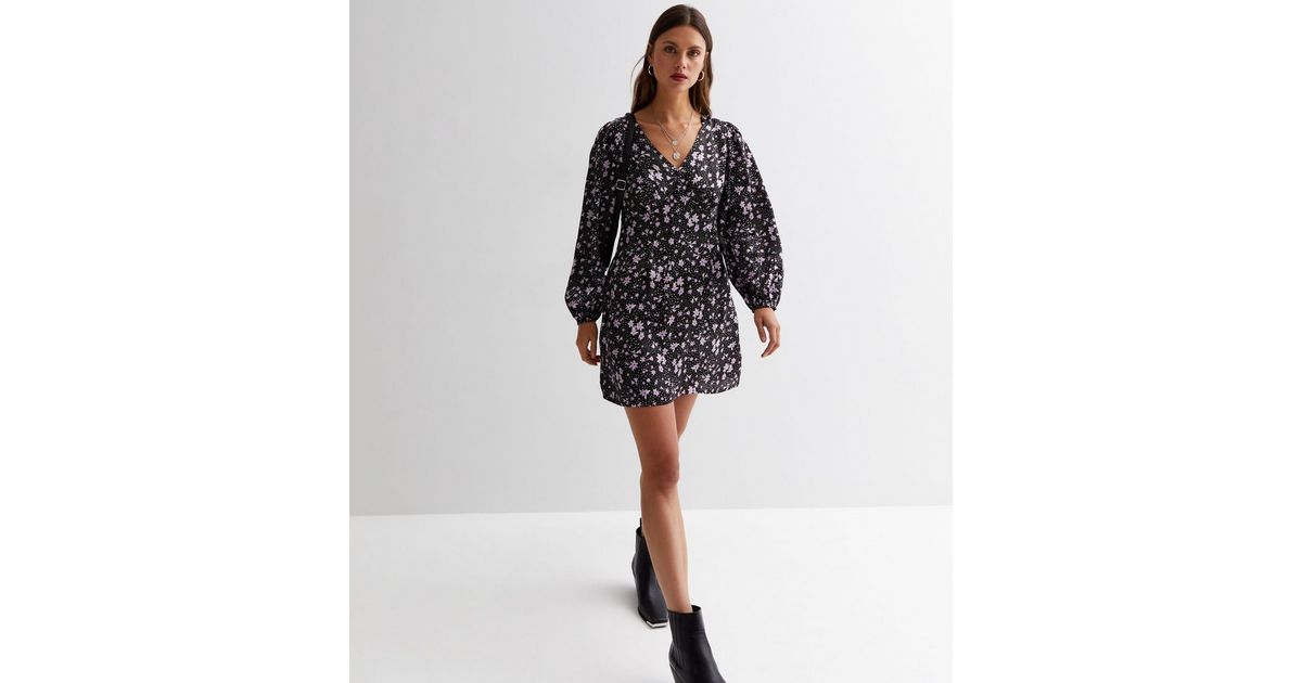 Black Floral V Neck Long Puff Sleeve Mini Dress | New Look