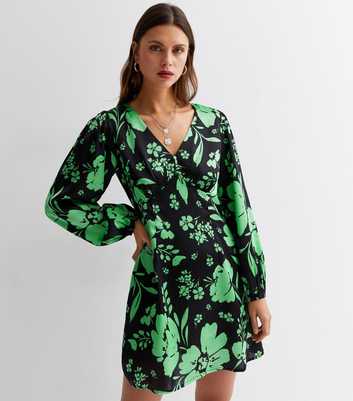 Green Floral Satin Long Sleeve Button Front Mini Dress