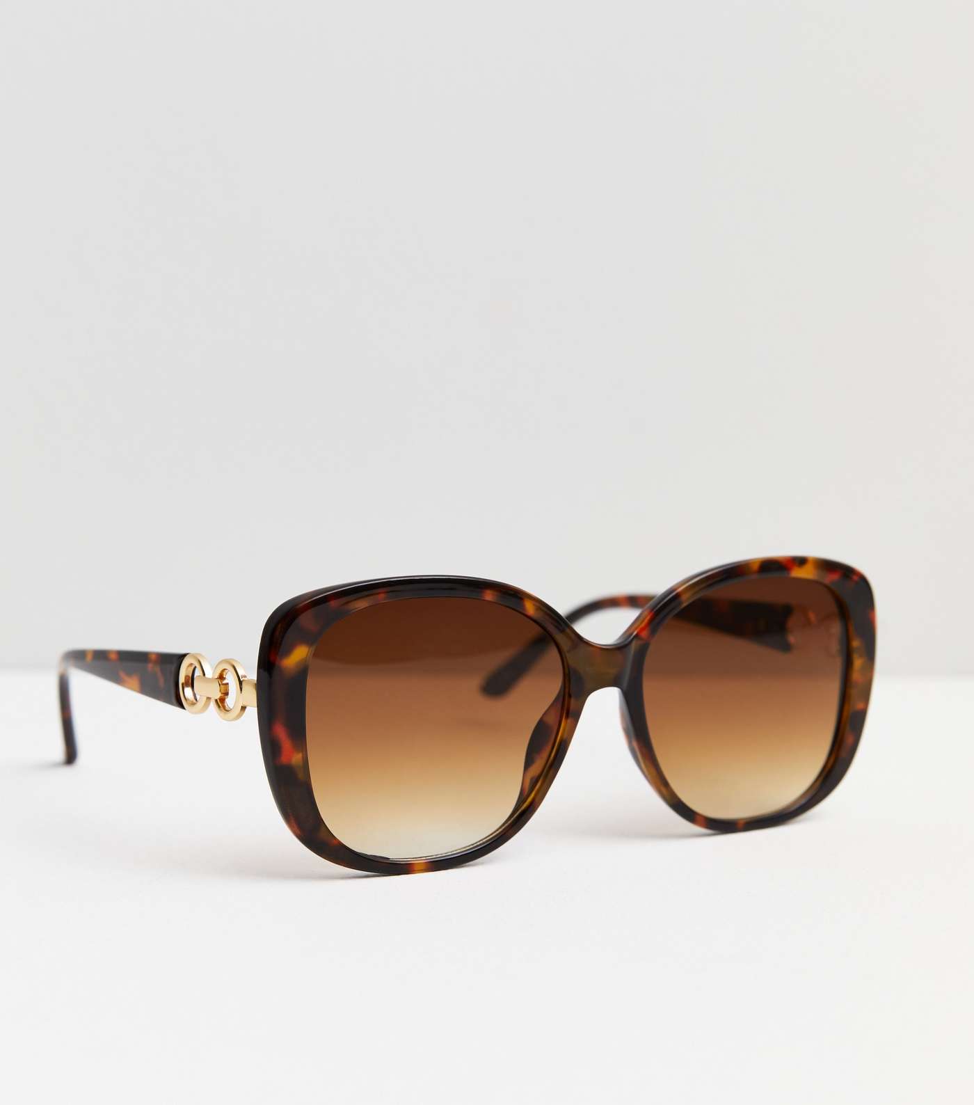 Dark Brown Tortoiseshell Effect Chain Oversized Sunglasses Image 2