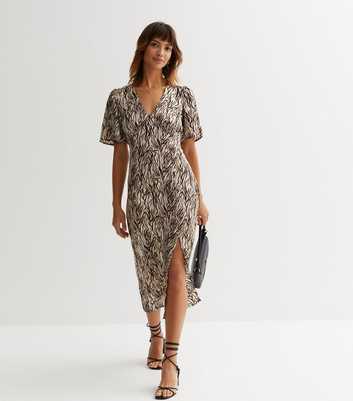 Brown Zebra Print Flutter Sleeve Midi Dress