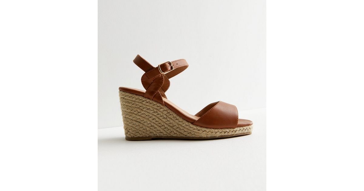 Extra Wide Fit Tan Leather-Look Espadrille Wedge Heel Sandals