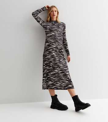 Black Zebra Print Ribbed Long Sleeve Midi Dress