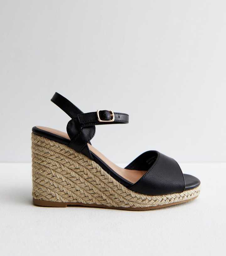Wide Black Leather-Look Wedge Sandals | New