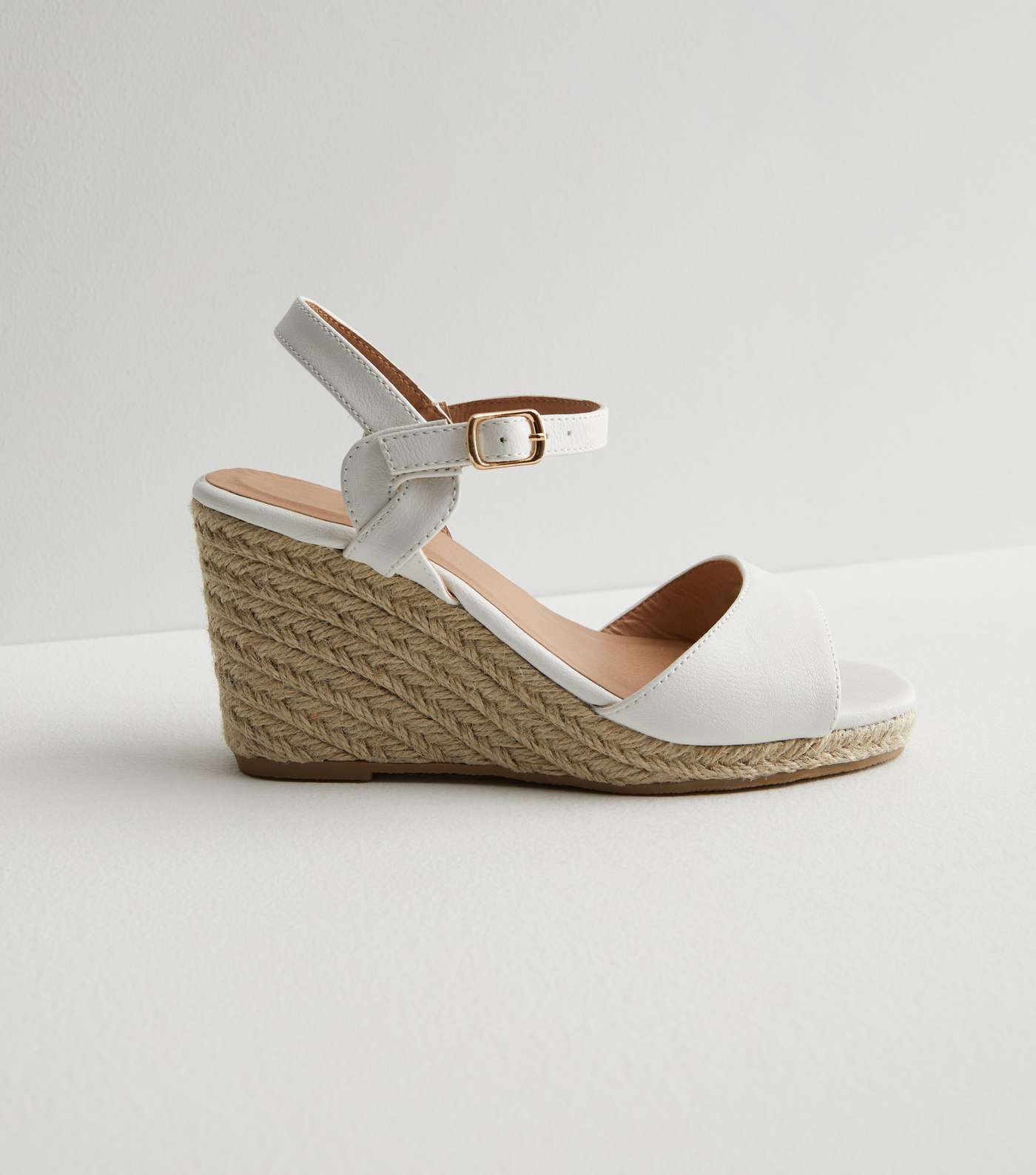 Wide Fit White Leather-Look Espadrille Wedge Sandals Image 3