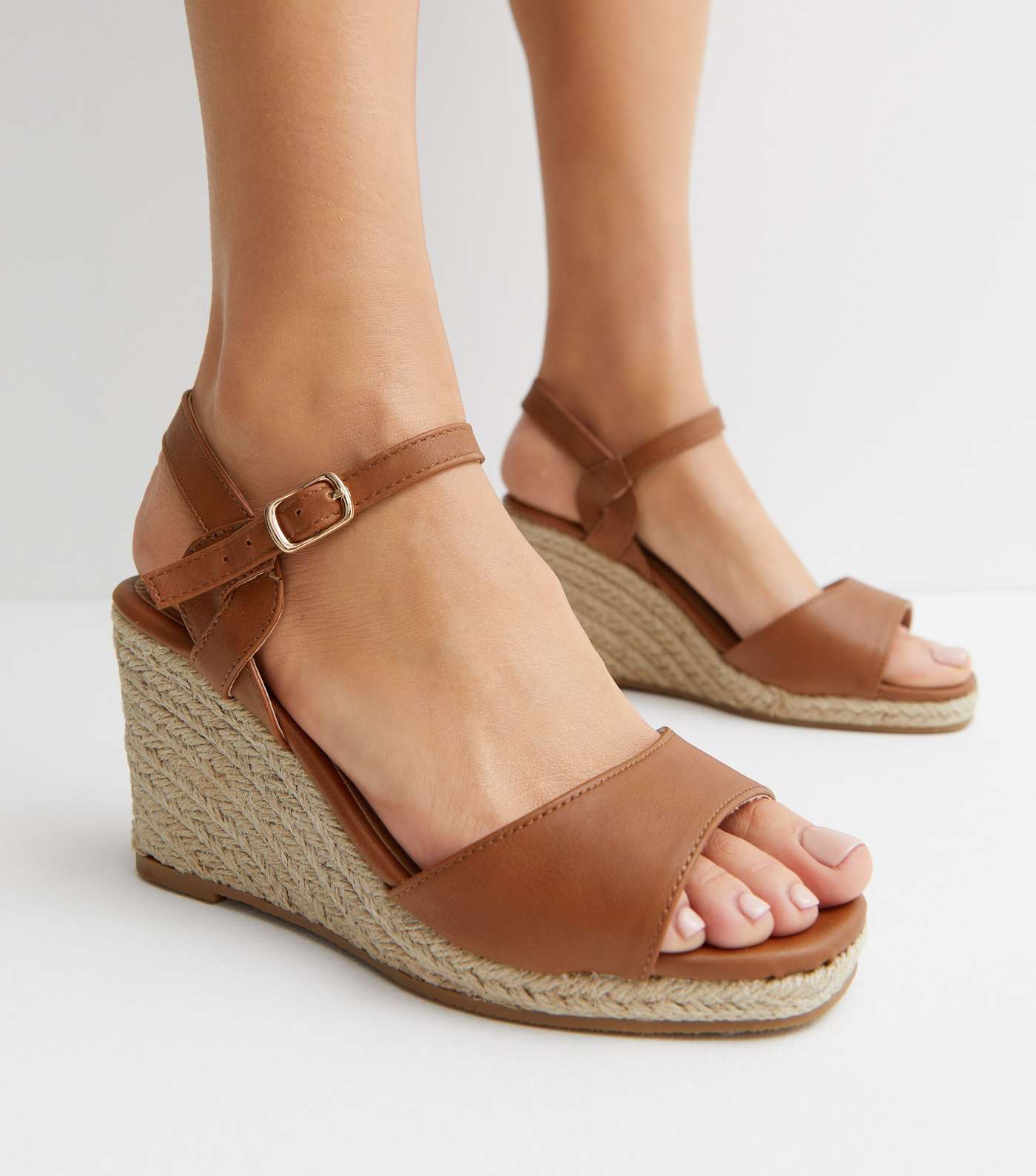 Wide Fit Tan Leather-Look Espadrille Wedge Sandals Image 2