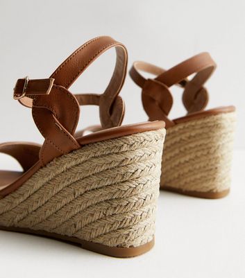 Wide Fit Tan Leather-Look Espadrille Wedge Sandals | New Look