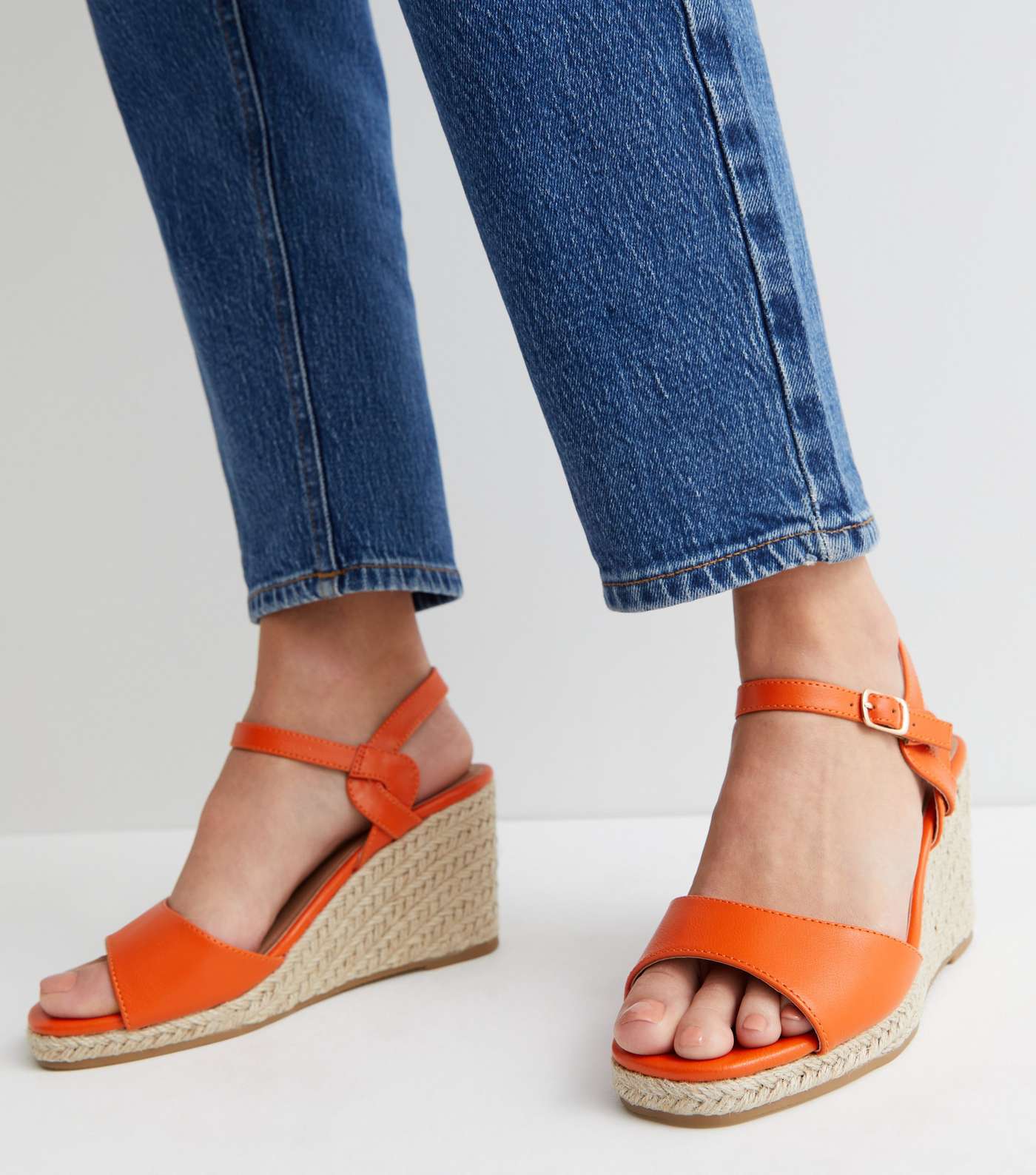 Wide Fit Bright Orange Leather-Look Espadrille Wedge Sandals Image 2