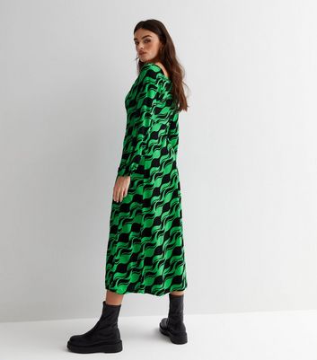 Green Geometric Square Neck Midaxi Dress New Look