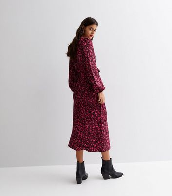 Pink Leopard Print V Neck Ruffle Long Sleeve Midi Dress | New Look