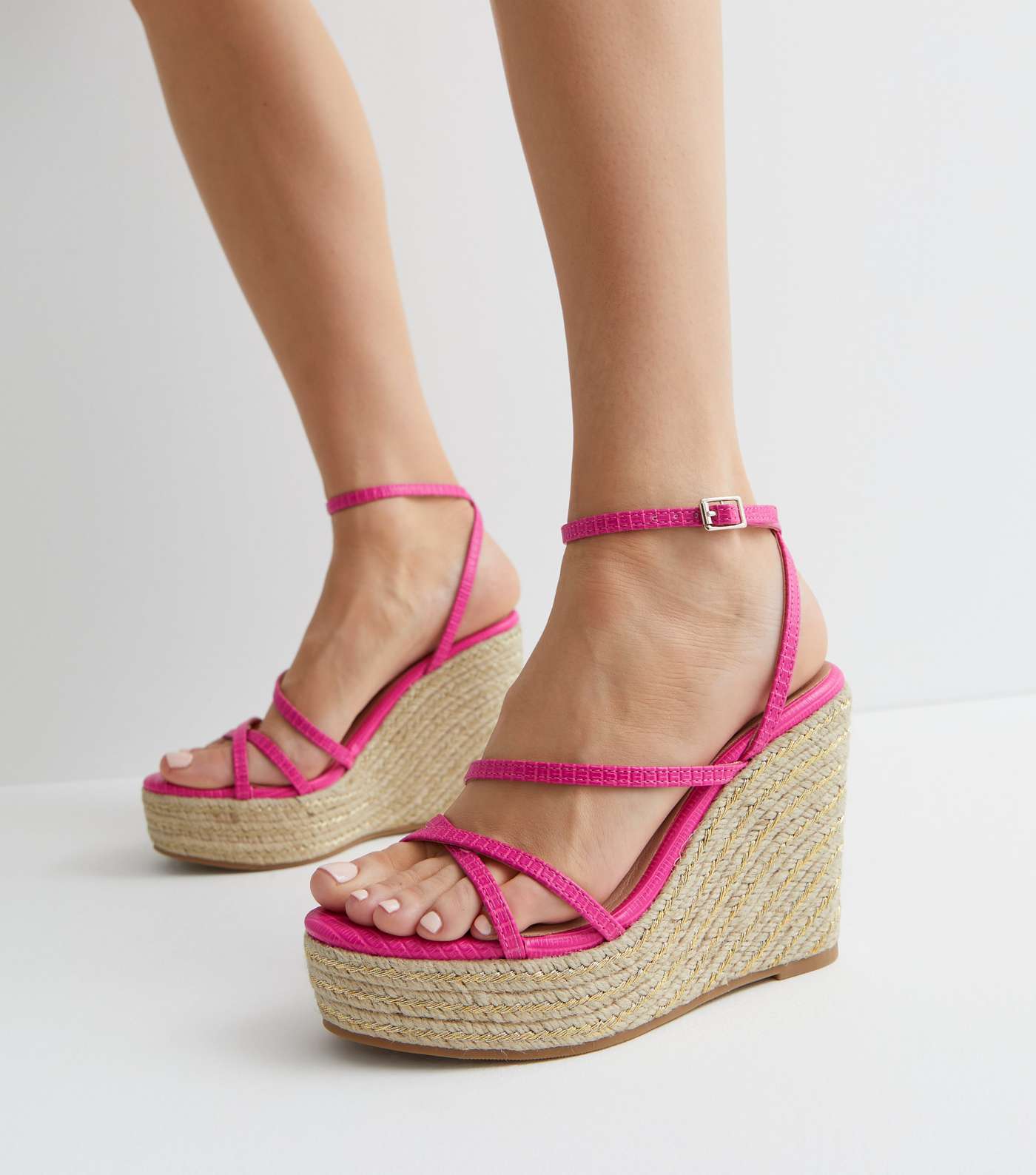 Bright Pink Faux Croc Strappy Espadrille Wedge Heel Sandals Image 2