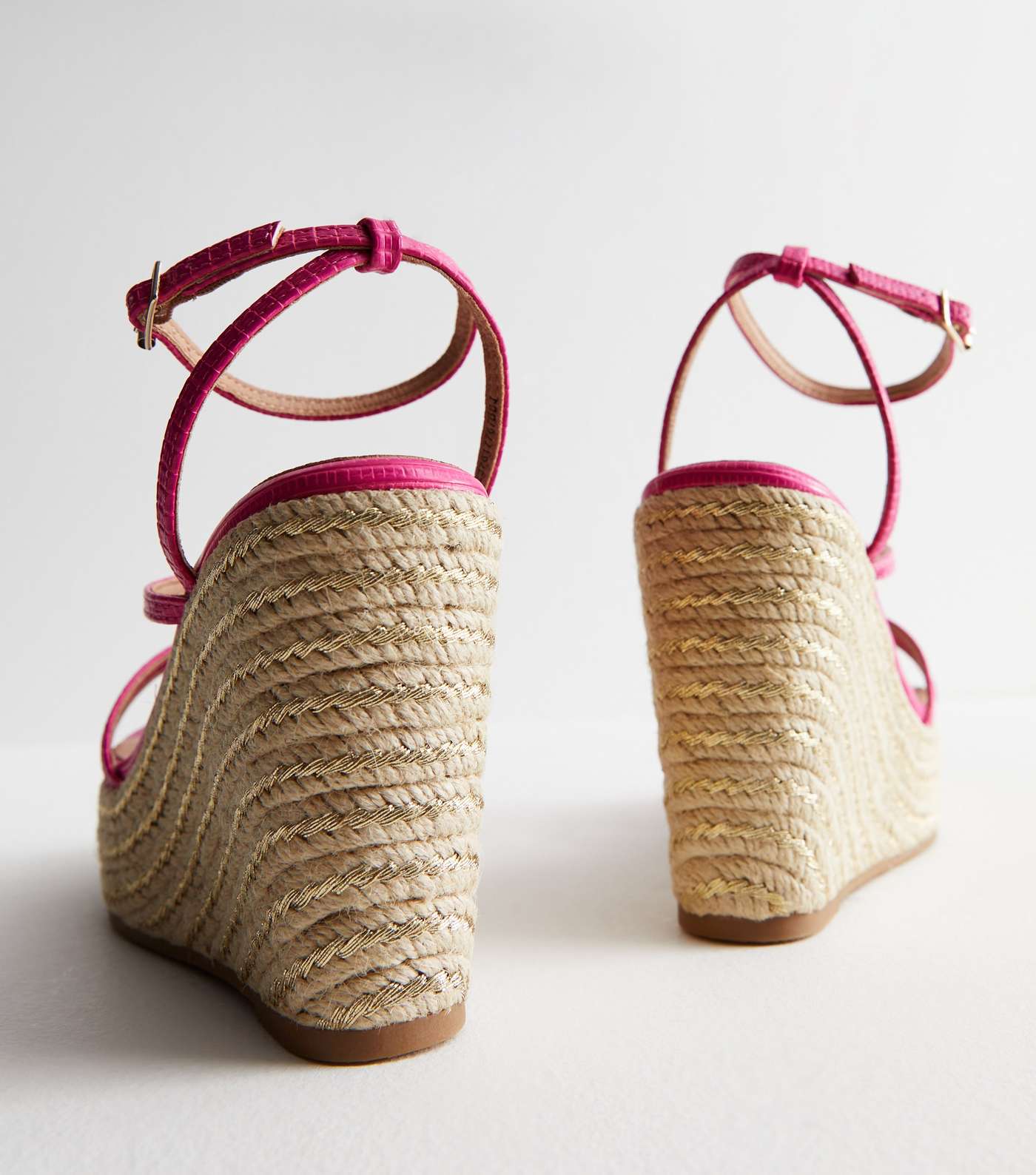 Bright Pink Faux Croc Strappy Espadrille Wedge Heel Sandals Image 4