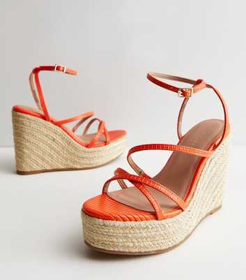 Bright Orange Faux Croc Strappy Espadrille Wedge Heel Sandals