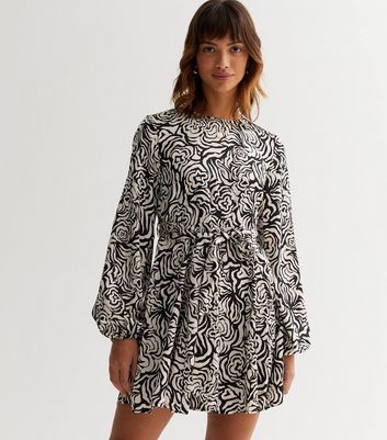 Black Floral Squiggle Crew Neck Long Puff Sleeve Tie Waist Mini Dress