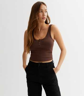 Dark Brown Ribbed Jersey Popper Front Crop Vest