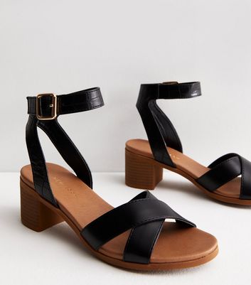 Black Leather Look Cross Strap Mid Block Heel Sandals New Look