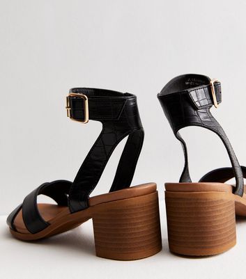 Black Leather-Look Cross Strap Mid Block Heel Sandals | New Look