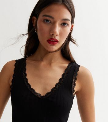 Black Ribbed Lace Trim Vest