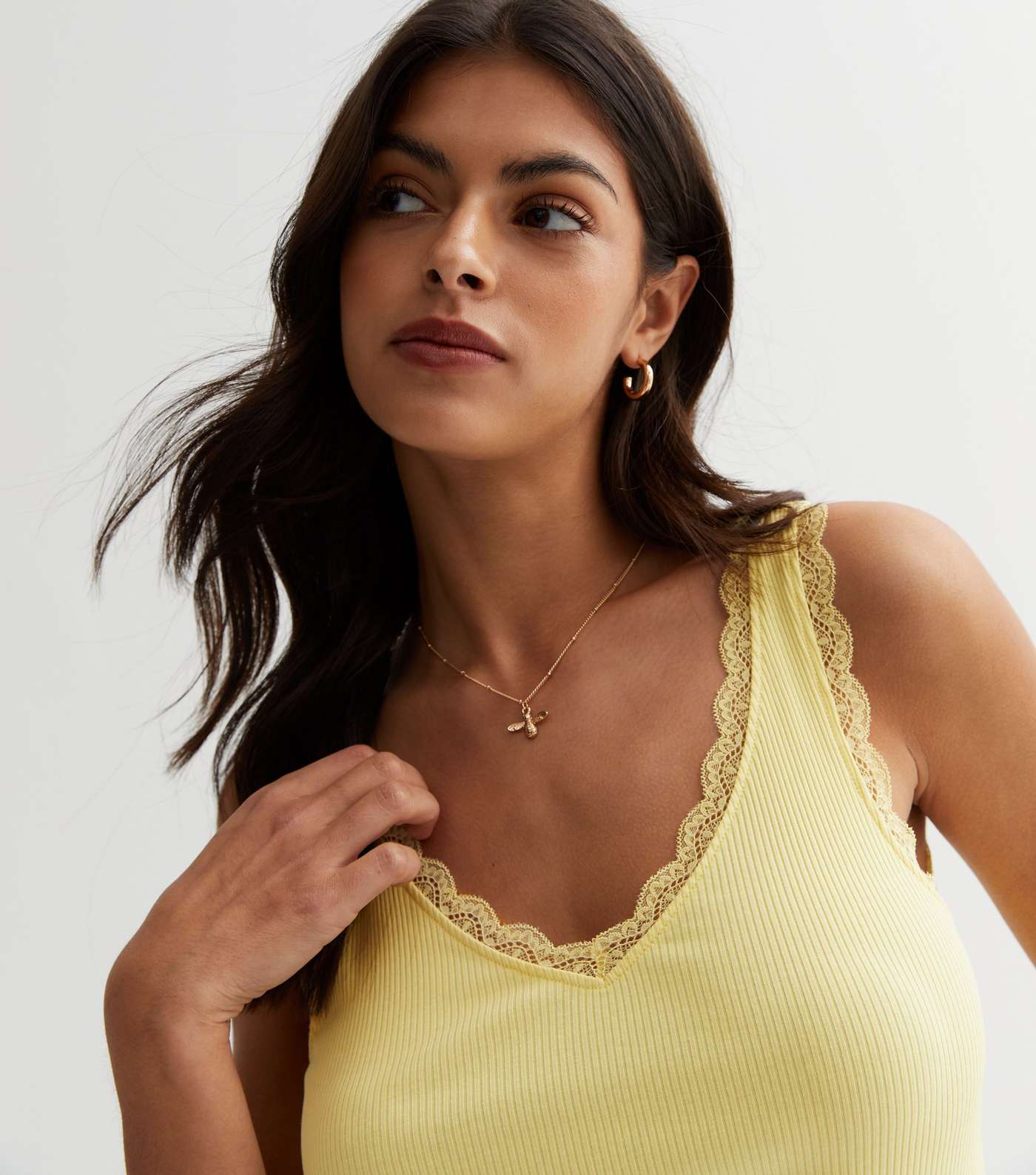 Yellow Ribbed Lace Trim Vest