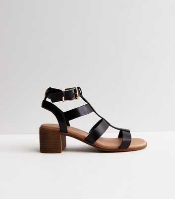 Black Leather-Look Footbed Block Heel Gladiator Sandals